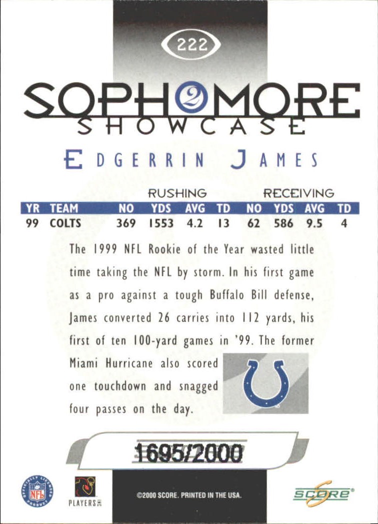 2000 Score Scorecard #222 Edgerrin James SS back image