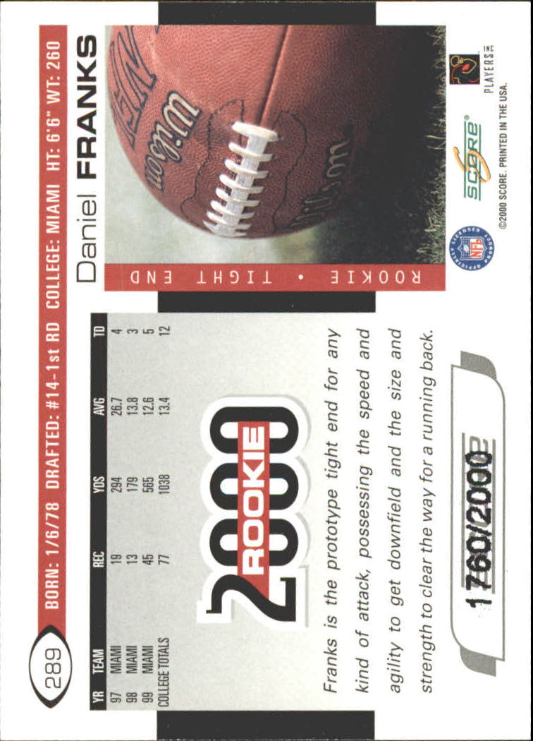 2000 Score Scorecard #289 Bubba Franks back image