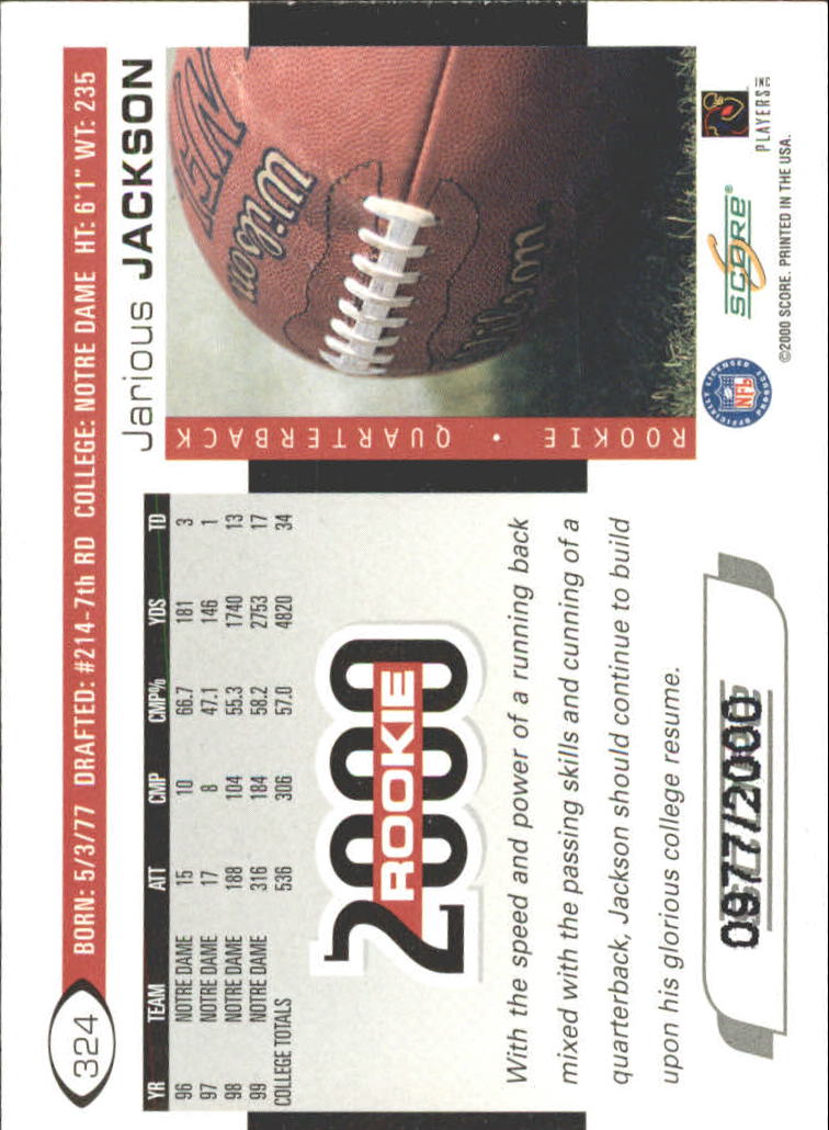 2000 Score Scorecard #324 Jarious Jackson back image
