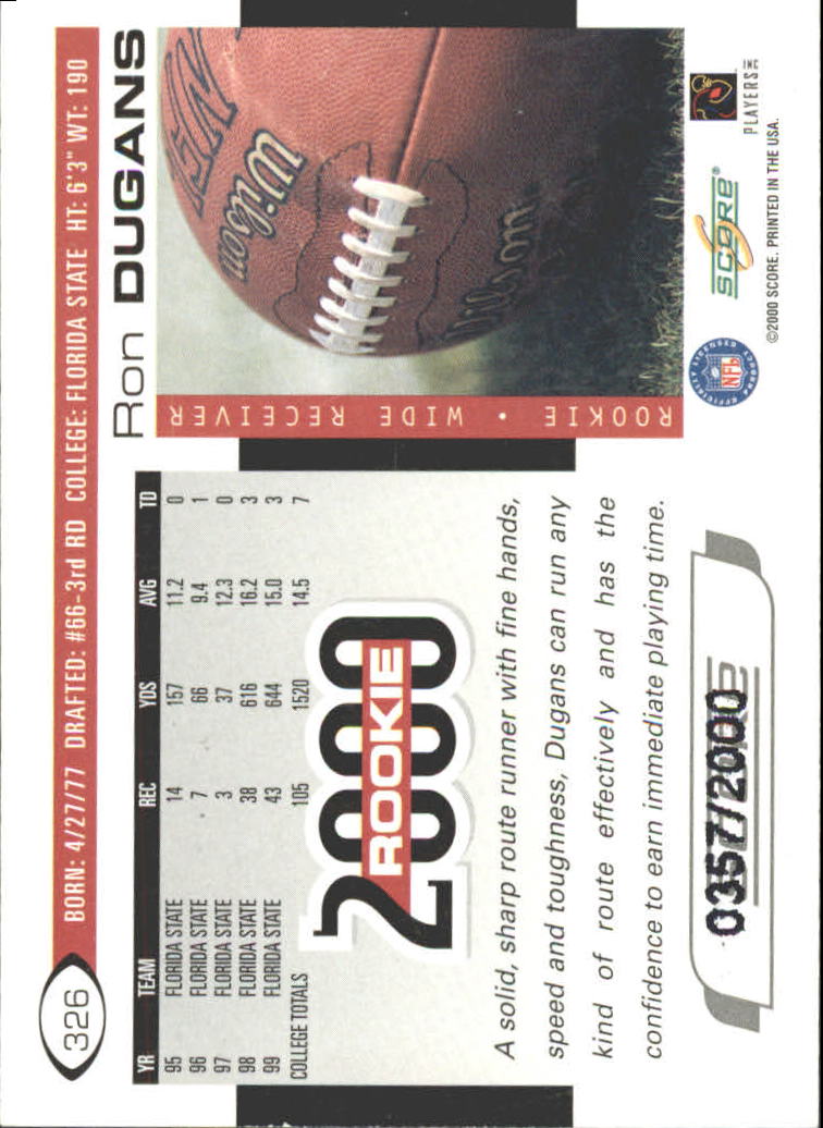 2000 Score Scorecard #326 Ron Dugans back image