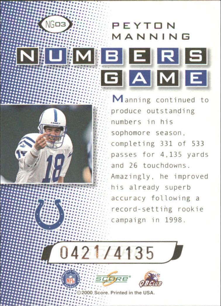 2000 Score Numbers Game Silver #NG3 Peyton Manning/4135 back image