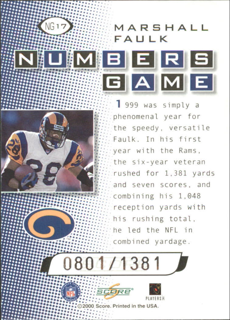 2000 Score Numbers Game Silver #NG17 Marshall Faulk/1381 back image