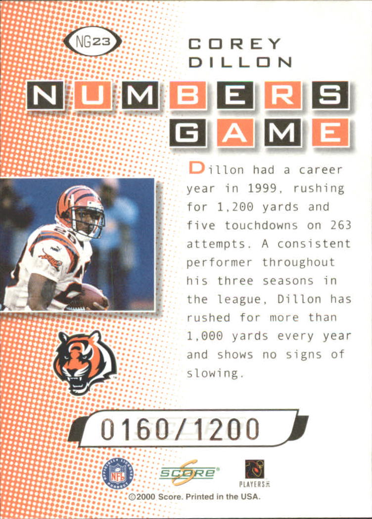 2000 Score Numbers Game Silver #NG23 Corey Dillon/1200 back image