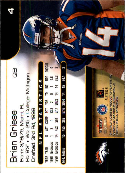 2000 SkyBox #4 Brian Griese back image
