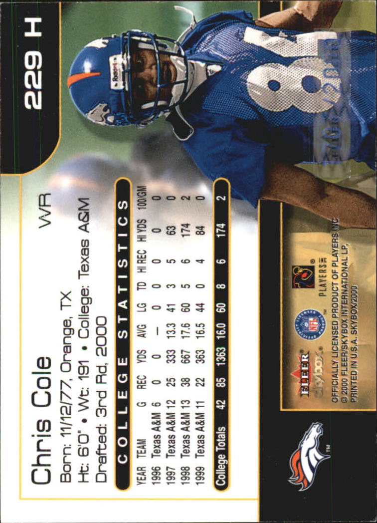 2000 SkyBox #229H Chris Cole SP back image