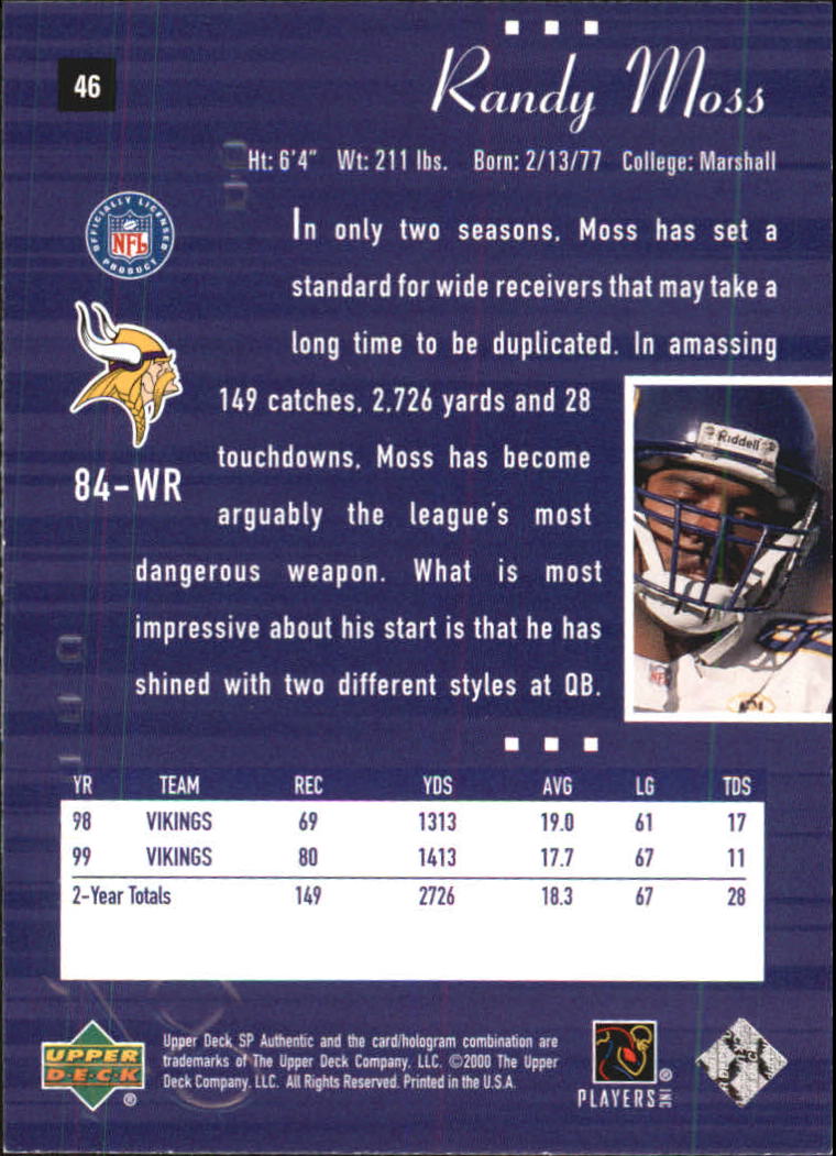 2000 SP Authentic #46 Randy Moss back image