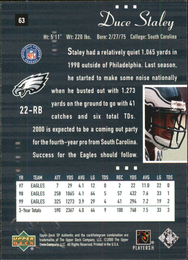 2000 SP Authentic #63 Duce Staley back image
