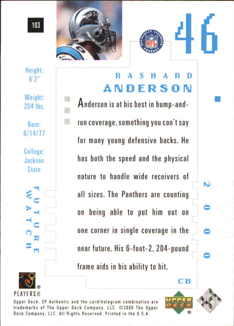2000 SP Authentic #103 Rashard Anderson RC back image