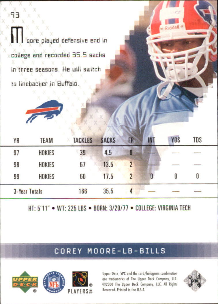 2000 SPx #93 Corey Moore RC back image
