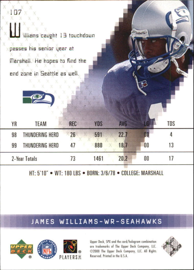 2000 SPx #107 James Williams RC back image