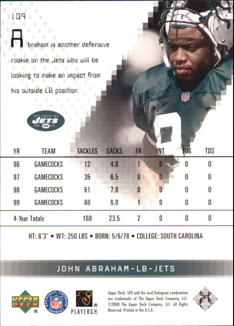 2000 SPx #109 John Abraham RC back image