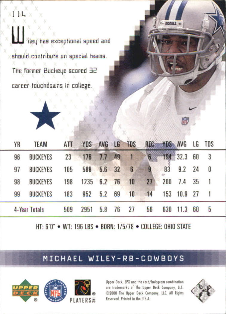 2000 SPx #114 Michael Wiley RC back image