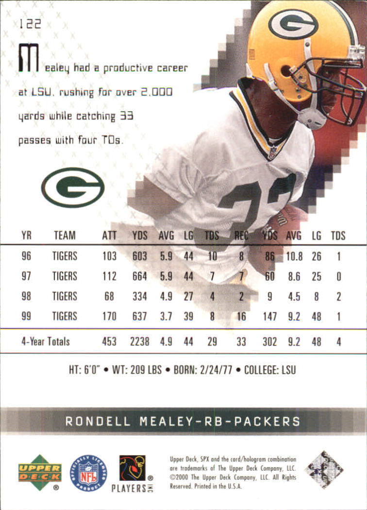 2000 SPx #122 Rondell Mealey RC back image