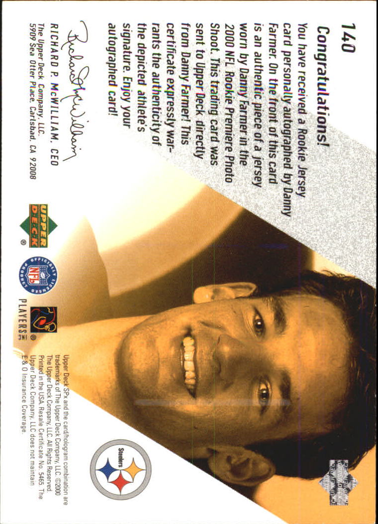 2000 SPx #140 Danny Farmer JSY AU RC back image