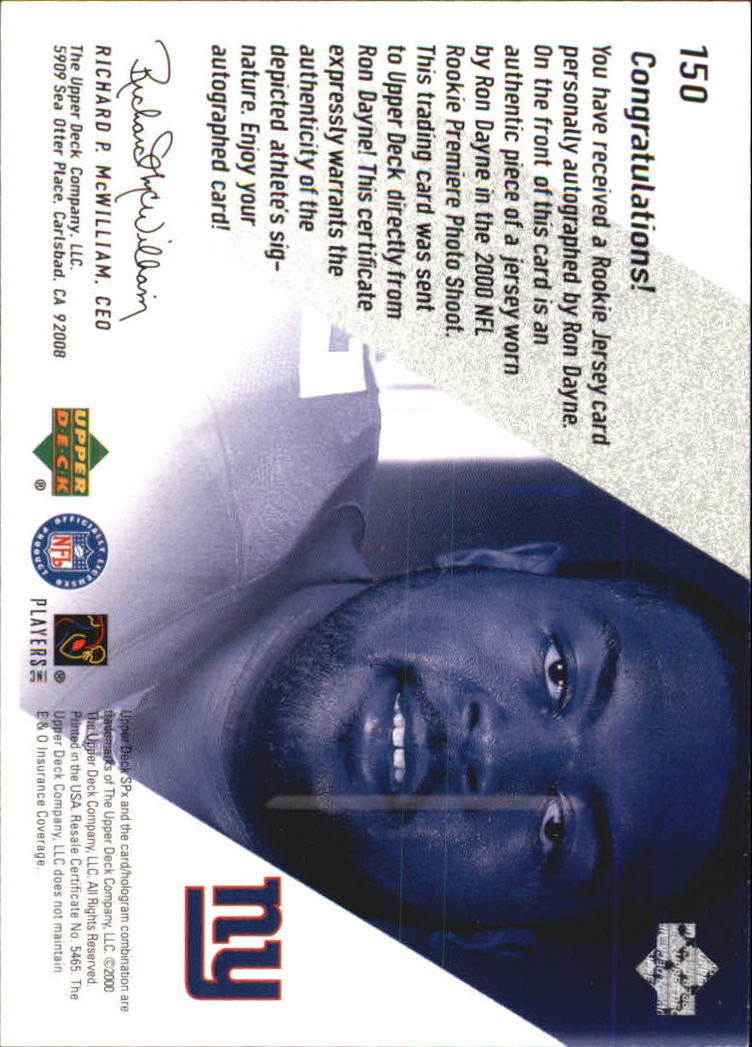 2000 SPx #150 Ron Dayne JSY AU RC back image