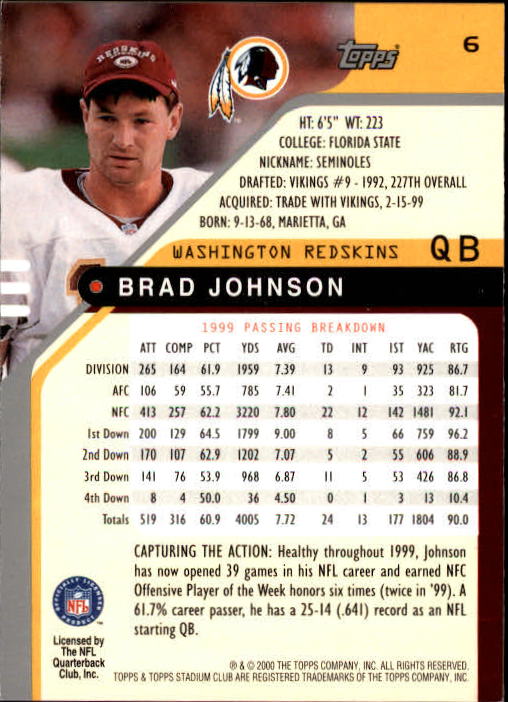 2000 Stadium Club #6 Brad Johnson back image
