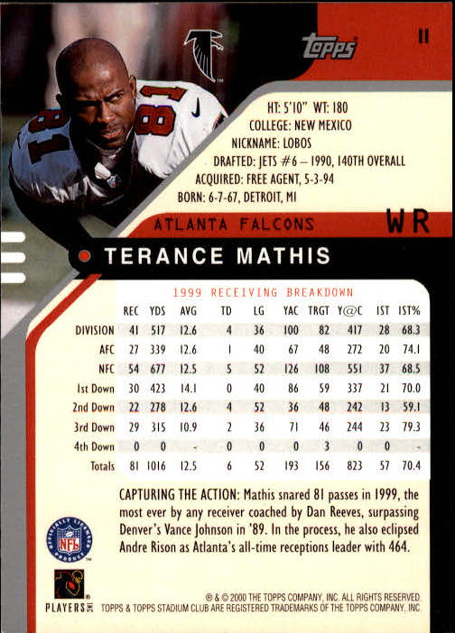 2000 Stadium Club #11 Terance Mathis back image