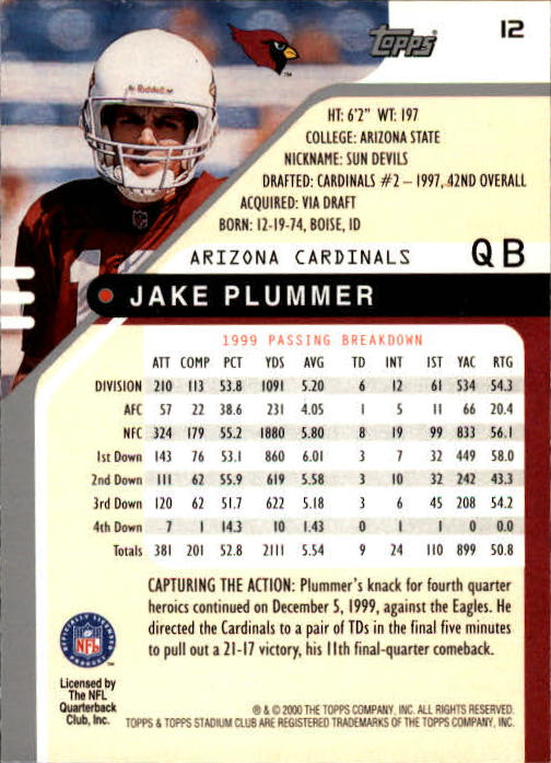 2000 Stadium Club #12 Jake Plummer back image