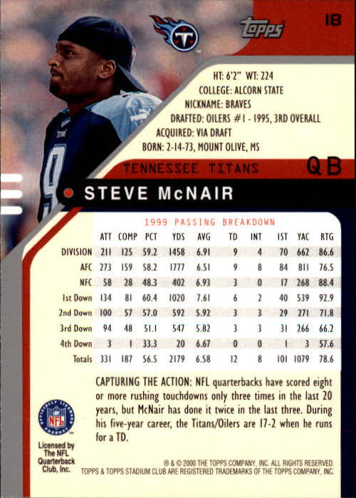 2000 Stadium Club #18 Steve McNair back image