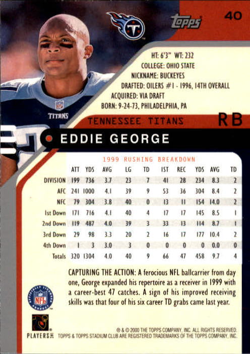 2000 Stadium Club #40 Eddie George back image