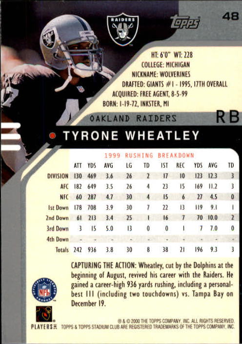 2000 Stadium Club #48 Tyrone Wheatley back image