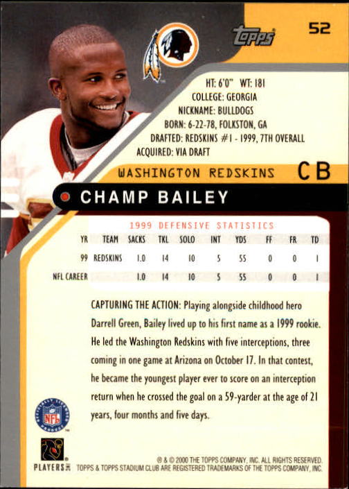 2000 Stadium Club #52 Champ Bailey back image
