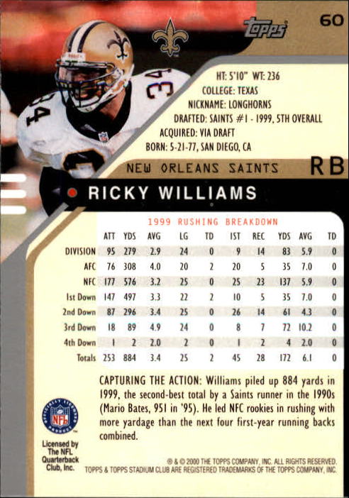 2000 Stadium Club #60 Ricky Williams back image