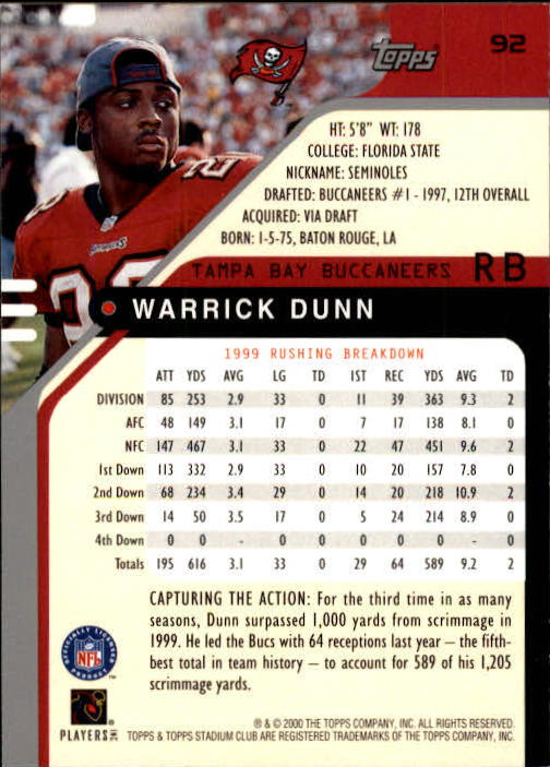 2000 Stadium Club #92 Warrick Dunn back image