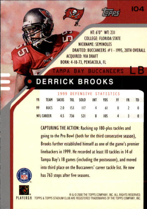 2000 Stadium Club #104 Derrick Brooks back image