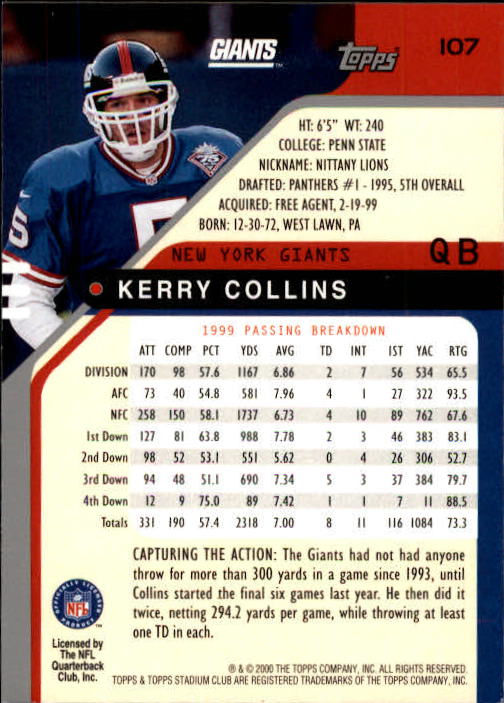 2000 Stadium Club #107 Kerry Collins back image