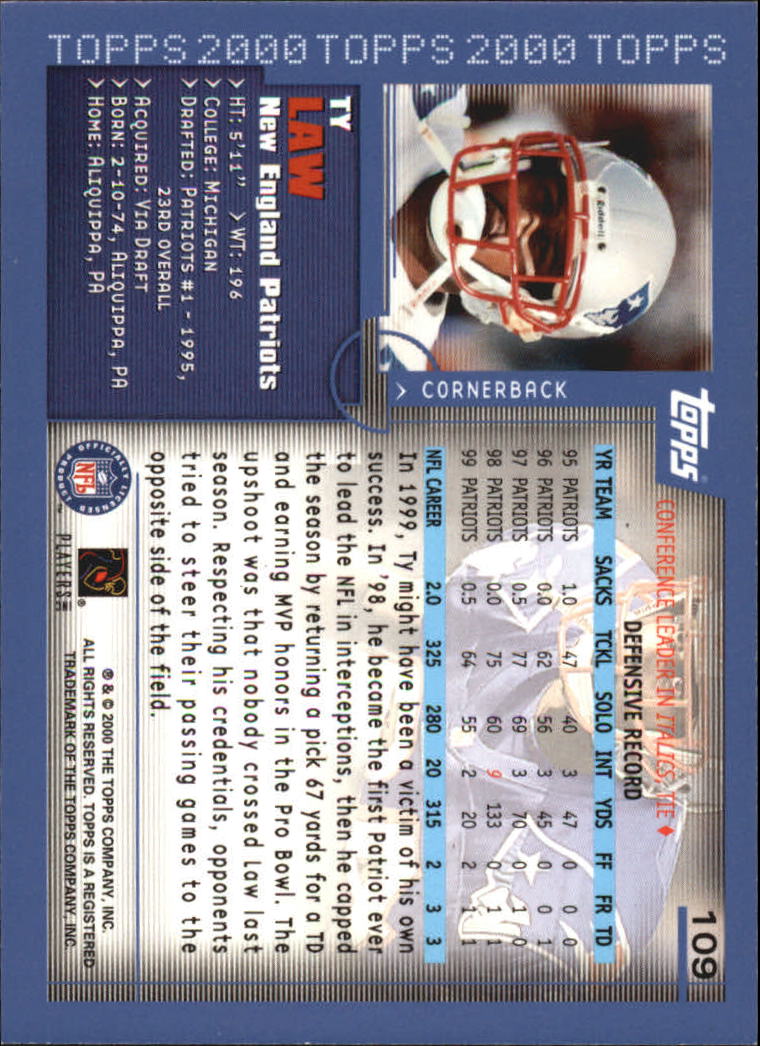 2000 Topps #109 Ty Law back image