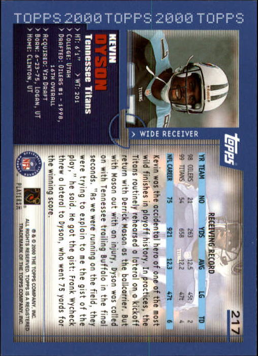 2000 Topps Collection #217 Kevin Dyson back image