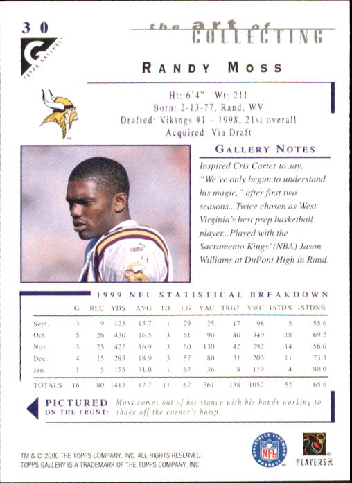 2000 Topps Gallery #30 Randy Moss back image