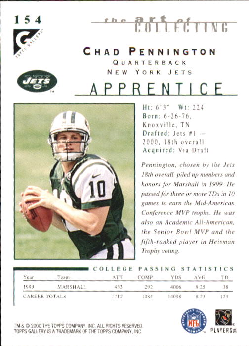 2000 Topps Gallery #154 Chad Pennington RC back image