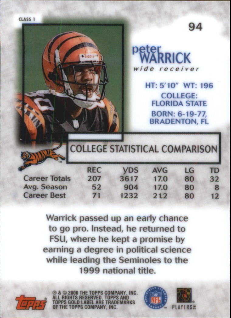 2000 Topps Gold Label Class 1 #94 Peter Warrick RC back image