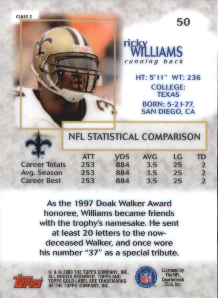 2000 Topps Gold Label Class 2 #50 Ricky Williams back image