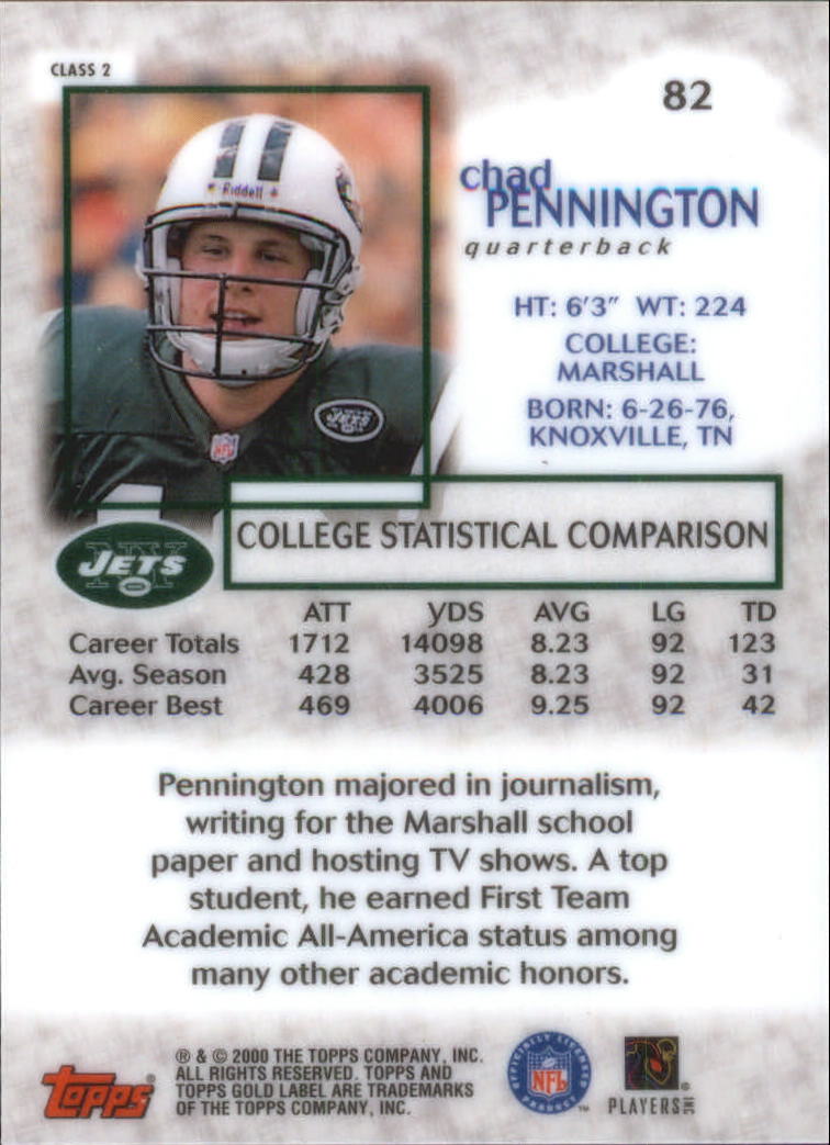 2000 Topps Gold Label Class 2 #82 Chad Pennington back image
