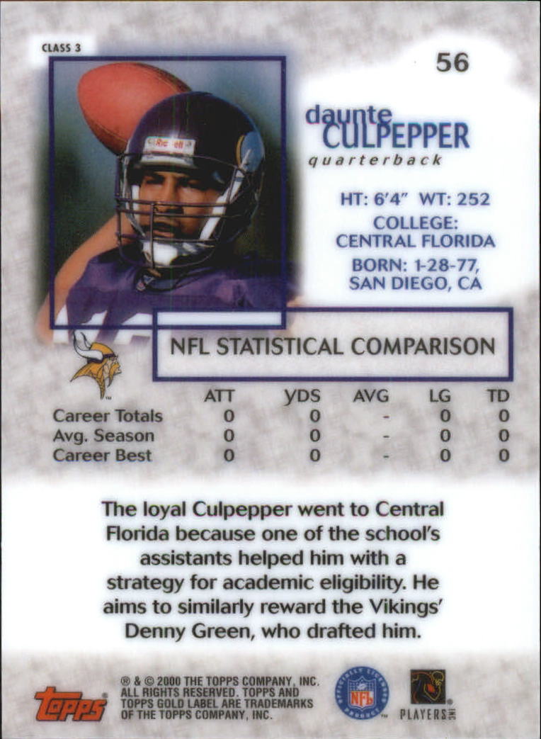 2000 Topps Gold Label Class 3 #56 Daunte Culpepper back image