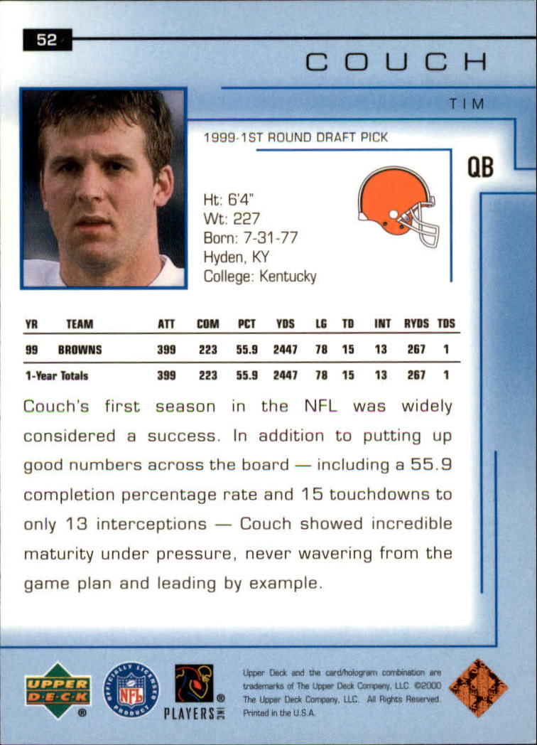 2000 Upper Deck #52 Tim Couch back image