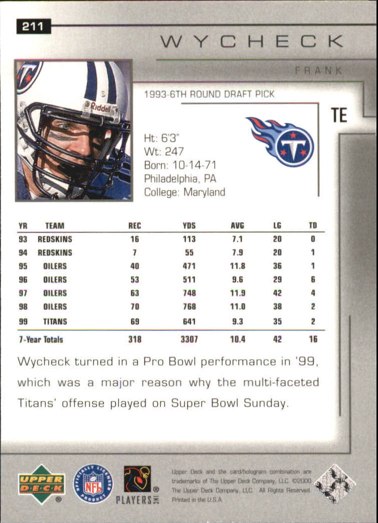 2000 Upper Deck Exclusives Silver #211 Frank Wycheck back image