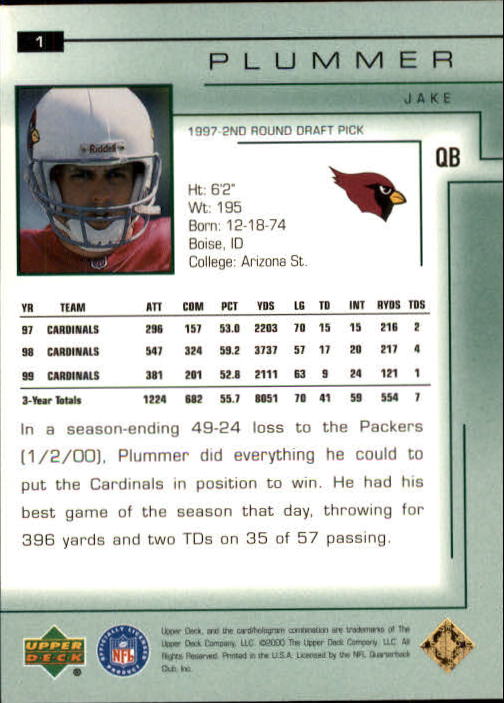 2000 Upper Deck Encore #1 Jake Plummer back image