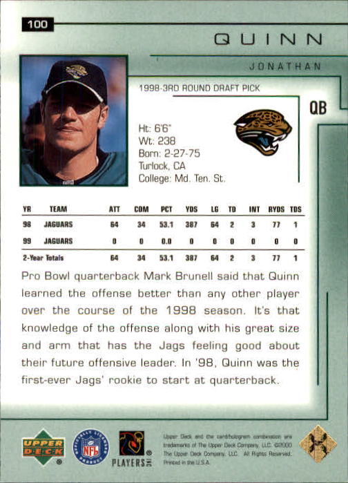 2000 Upper Deck Encore #100 Jonathan Quinn back image