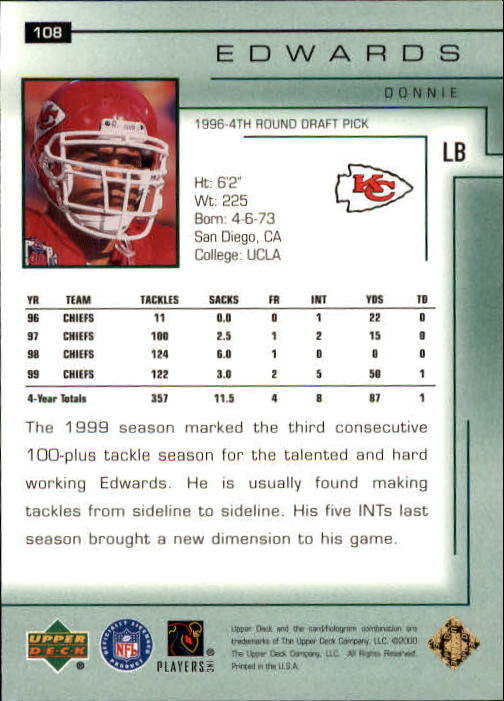 2000 Upper Deck Encore #108 Donnie Edwards back image