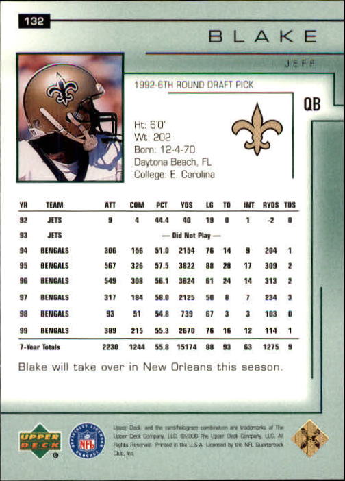 2000 Upper Deck Encore #132 Jeff Blake back image