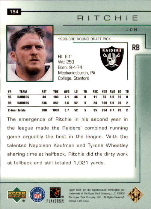 2000 Upper Deck Encore #154 Jon Ritchie back image