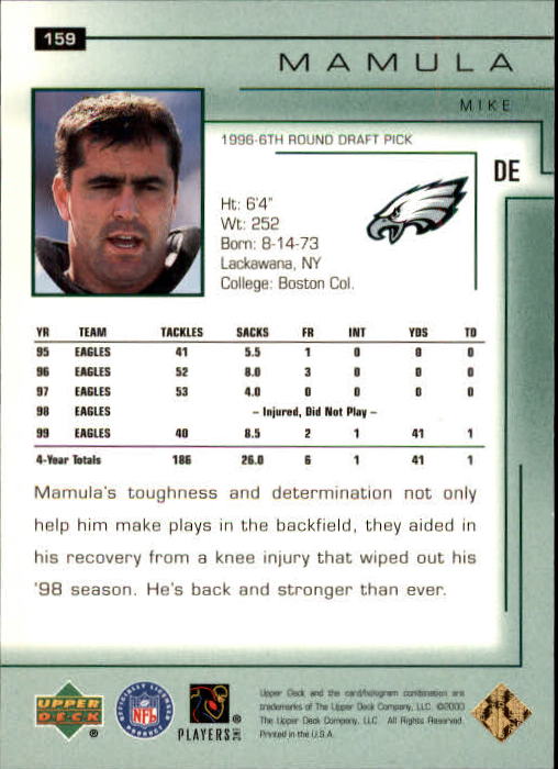 2000 Upper Deck Encore #159 Mike Mamula back image