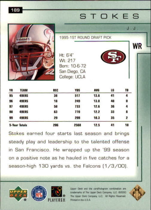 2000 Upper Deck Encore #189 J.J. Stokes back image