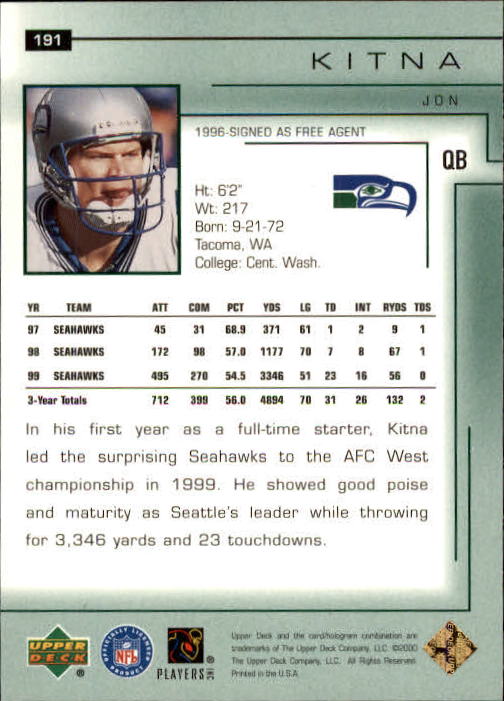 2000 Upper Deck Encore #191 Jon Kitna back image