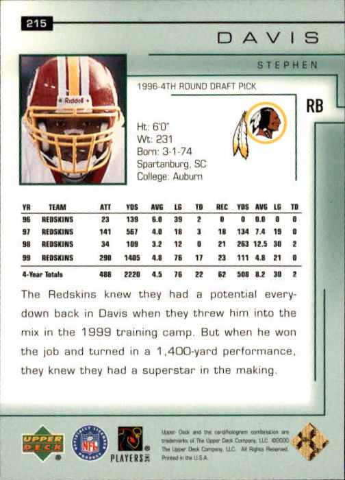2000 Upper Deck Encore #215 Stephen Davis back image