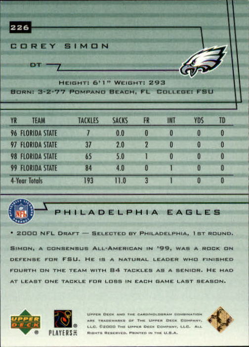 2000 Upper Deck Encore #226 Corey Simon RC back image